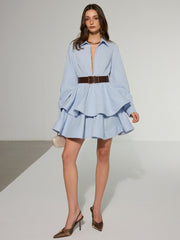 Belted Zip-Front Cotton Tiered Shirt Dress