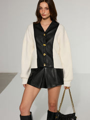 Leather Patchwork Button Down Cardigan