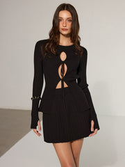 Tie Detail Cut-Out Knit Top and Mini Skirt Set