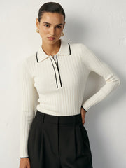 Contrast Trim Wool Blend Polo Neck Sweater