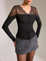 Lace Panel Ribbed Knit T-Shirt