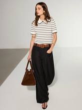 Contrast Wave Trim Striped Polo Knit Top