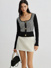 Houndstooth Paneled Cropped Knit Blouse
