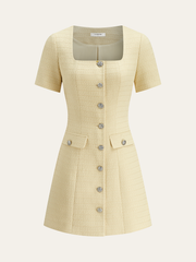 Tweed Square-Neck Button Mini Dress