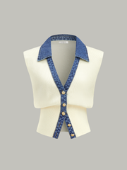 Denim Trim Metal Button Knit Vest