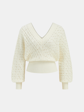 Textured Openwork V-Neck Lantern Sleeve Sweater