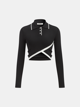 Asymmetric Contrast Trim Wool Blend Cropped Polo Top