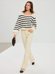 Striped Square Neck Lantern Sleeve Knit Cardigan