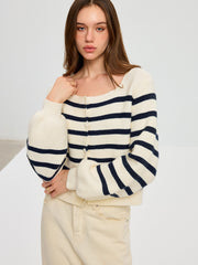 Striped Square Neck Lantern Sleeve Knit Cardigan