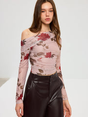 Floral Print Off-Shoulder Mesh T-Shirt