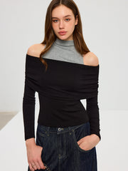 2 in 1 Contrast Panel Mock Neck Long Sleeve T-Shirt