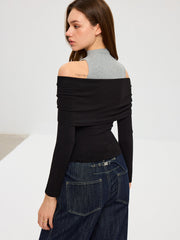 2 in 1 Contrast Panel Mock Neck Long Sleeve T-Shirt