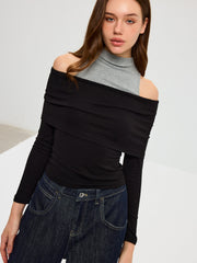 2 in 1 Contrast Panel Mock Neck Long Sleeve T-Shirt