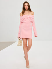 Off-Shoulder Bell Sleeve Wool Blend Mini Dress