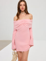 Off-Shoulder Bell Sleeve Wool Blend Mini Dress
