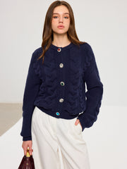 Cable Knit Rhinestone Button Cardigan