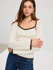 Square Neck Contrast Trim Eyelet Sweater