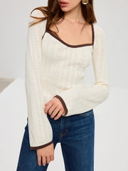 Square Neck Contrast Trim Eyelet Sweater