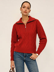 Half-Zip Wool Blend Cable Knit Top