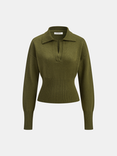 Ribbed Wool Blend Polo Knit Top