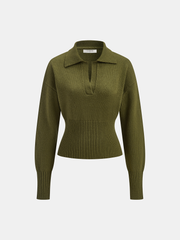Ribbed Wool Blend Polo Knit Top