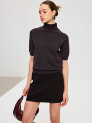 Turtleneck Short Puffed Sleeve Knit Top