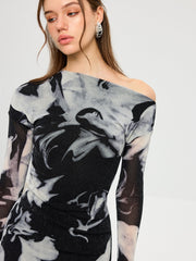 Abstract Print Mesh One-Shoulder Maxi Dress