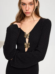 Scalloped Edge Metal Bow Textured Knit Mini Dress