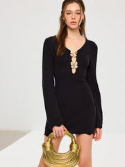 Scalloped Edge Metal Bow Textured Knit Mini Dress