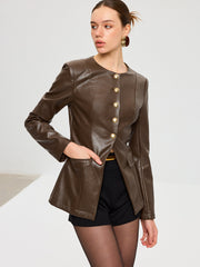 Metal Button Fitted PU Leather Jacket