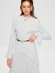 Striped Long Sleeve Belted Midi Dress