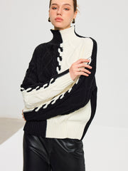 Color-Block Cable Knit Turtleneck Sweater