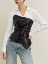 Asymmetric PU Leather Panel Blouse