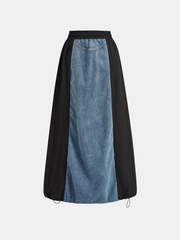 Denim Paneled Striped Drawstring Midi Skirt