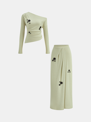 Sequin Flower One-Shoulder Knit Top and Skirt Set