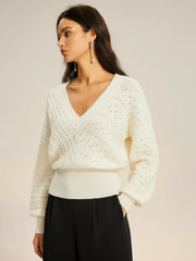 Textured Openwork V-Neck Lantern Sleeve Sweater