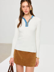 Wool Blend Denim Trim Metal Detail Knit Top