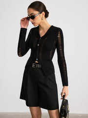 Sheer Panel Button Front Lapel Blouse