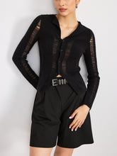 Sheer Panel Button Front Lapel Blouse