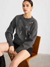 Crew Neck Sweater with Floral Crystal Embellishments