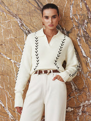 Contrast Stitching Polo Neck Cable Knit Top