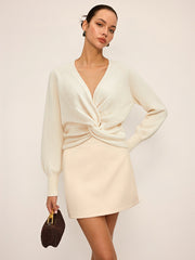 Twist V-Neck Leg-Of Mutton Sleeve Sweater