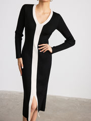 Contrast Trim V-Neck Knitted Slit Dress