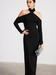 Halter Neck Backless Long Sleeve Knit Maxi Dress