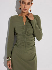 Zipper-Front Ruched Maxi Dress