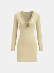 Wool Blend Beaded Cut-Out Neckline Long Sleeve Dress