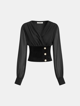 Velvet-Cinched V-Neck Chiffon Paneled Cropped Blouse