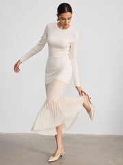 Mesh Panel Hem Long Sleeve Knit Maxi Dress