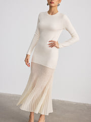 Mesh Panel Hem Long Sleeve Knit Maxi Dress