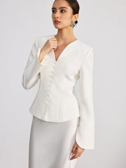 Button Front Flared Cuff Fitted Blazer